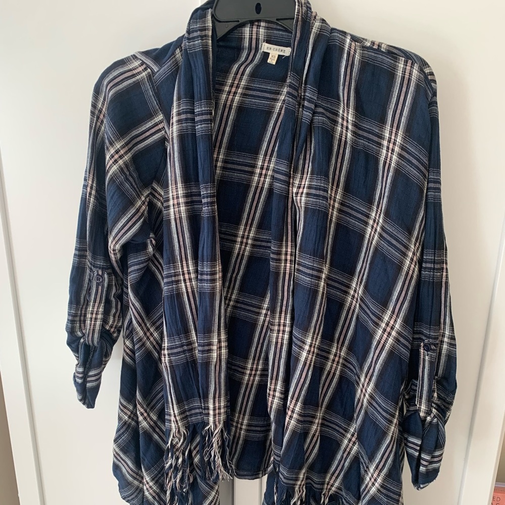 Light weight plaid tassel open shirt size XS bought from Buckle new w/o tags